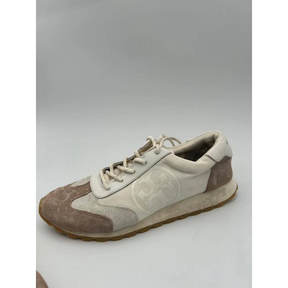 Tory Burch Bubble Sneakers Cream Brown Leather Textile Logo Low Top 8M 8913